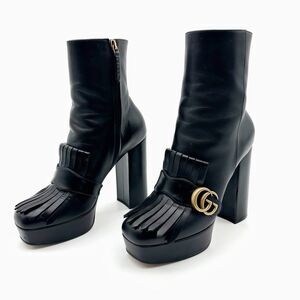 GUCCI Marmont Kiltie Fringe GG Platform Boots Size 39 US 9 Black Leather Ankle